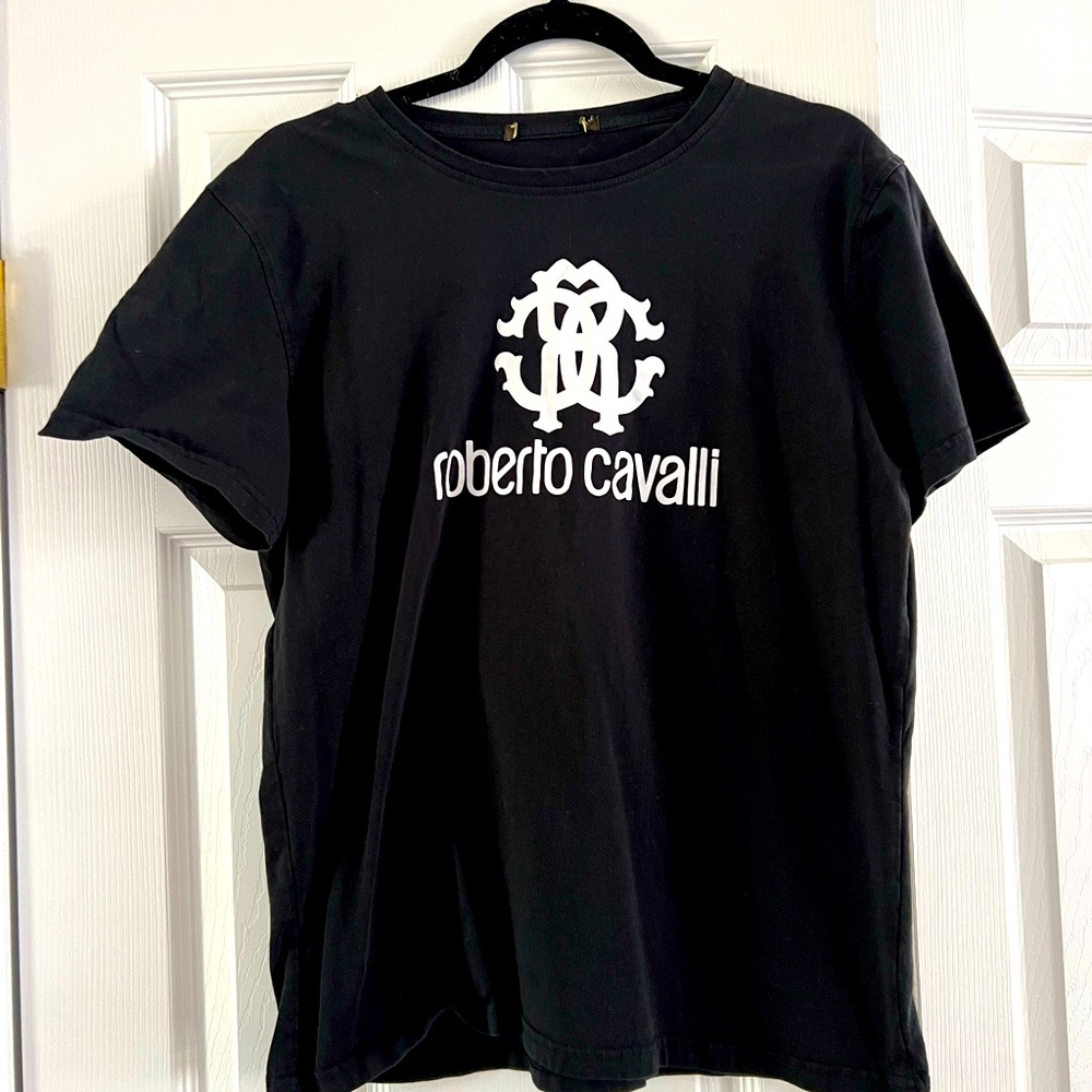 Roberto Cavalli Logo and Name Teeshirt- Size Small, Black with White